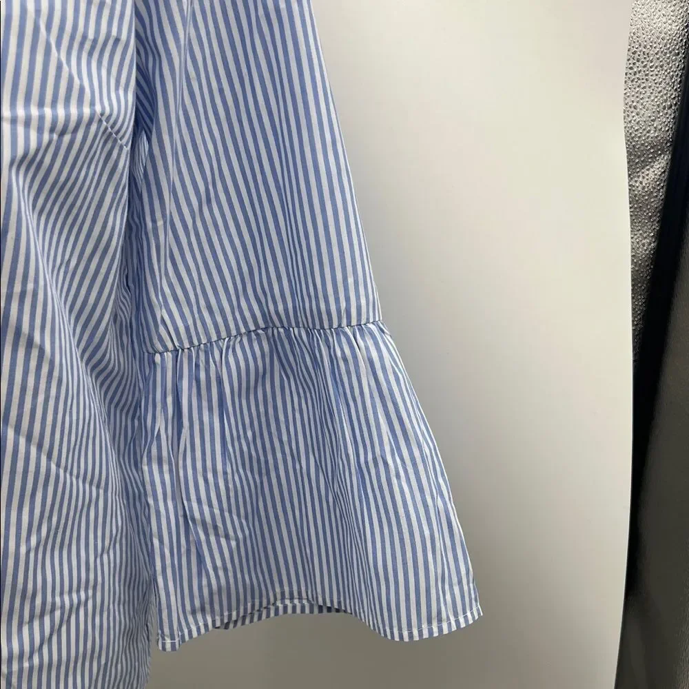 Crown & Ivy Blue Striped Blouse with Orange Floral Design